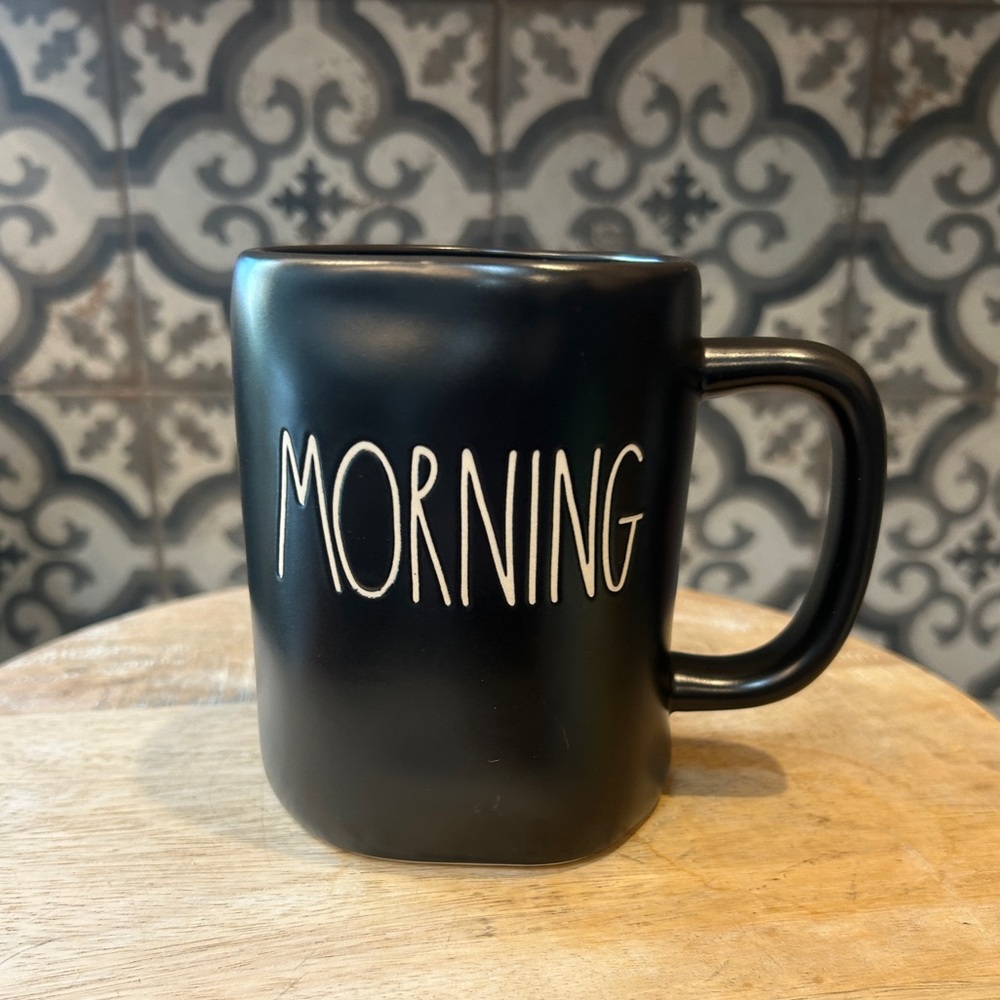 RARE- Rae Dunn Collectible Black Ceramic Mug with “Morning” Text- EUC